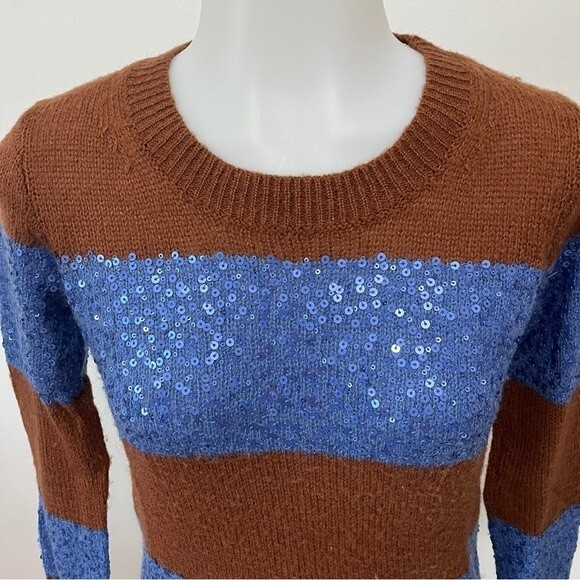 J. Crew WYNTER Brown Blue Sequin Stripe Wool Mohair Blend Sweater Size XS - Picture 8 of 8